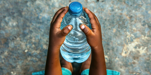 Draught in Africa, lack of clean water, world's global warming, climate change problem concept. Child kid African American hands top view of thirsty baby with bottle of pure fresh drinking water