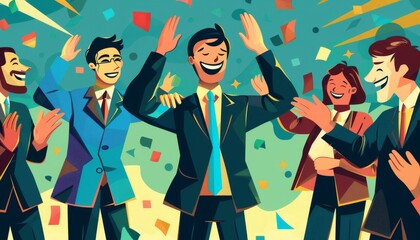 Successful Business Leader Congratulating Team Member with Applauding Colleagues Illustration