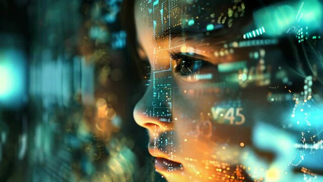 Portrait child with digital code overlay, ai learning, data and technology future, digital tech education, cybersecurity and digital marketing