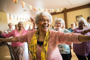 Group of seniors engaged in a lively dance session at a community center dancing laughing adult.