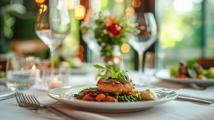 Elegant fine dining setup with a beautifully plated gourmet dish, sophisticated setting, and ambient lighting in a luxurious restaurant environment.