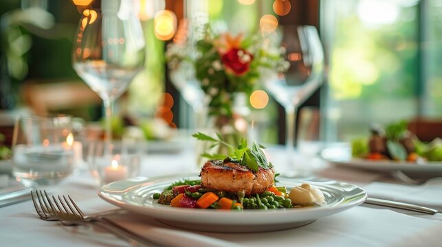 Elegant fine dining setup with a beautifully plated gourmet dish, sophisticated setting, and ambient lighting in a luxurious restaurant environment.