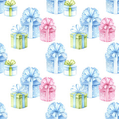 Festive seamless pattern with gift boxes and bows. Watercolor hand painted background.