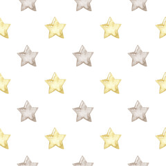 Minimalist seamless pattern with brown and gold stars.Watercolor hand painted seamless pattern for baby girl and baby boy.