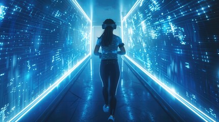 Person wearing VR headset and holding controllers, immersed in virtual reality experience with digital glowing screens on both sides.