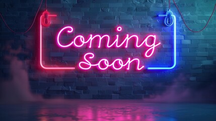 Eye-Catching Minimalistic Neon Sign Reading "Coming Soon" on Brick Wall Background