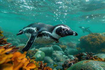 Naklejka premium A Galapagos penguin swimming swiftly in crystal-clear waters, its small, streamlined body and distinctive black and white markings visible below the surface.