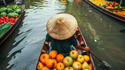 Obraz premium Vendor with traditional hat sells fruits on a boat at a floating market surrounded by water and vibrant produce. Top view.