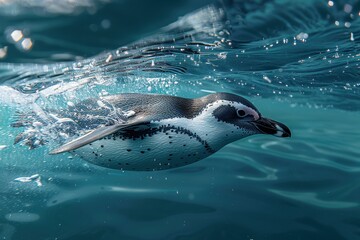 A Galapagos penguin swimming swiftly in crystal-clear waters, its small, streamlined body and distinctive black and white markings visible below the surface.