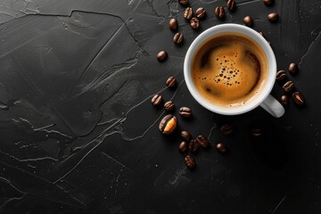 Cup of coffee and beans on black and white background, top view. Space for text