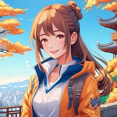 여행 중인 가을 여자 일러스트