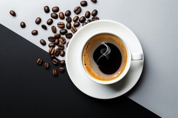Cup of coffee and beans on black and white background, top view. Space for text