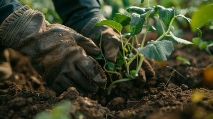 Gardening gloves at work, digging up potato bush, rich and detailed soil textures, raw and natural scene, earthy feel