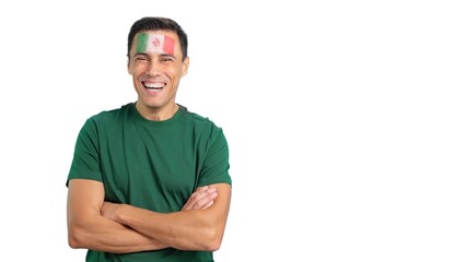 Man standing with mexican flag painted on face smiling