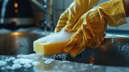 Hands in yellow gloves cleaning kitchen sink, soapy bubbles, stainless steel sink shining, detailed and clean scene