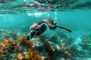A Galapagos penguin swimming swiftly in crystal-clear waters, its small, streamlined body and distinctive black and white markings visible below the surface.