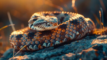 Obraz premium A venomous snake with intricate scales basks in the warm glow of the setting sun. Its sharp eyes pierce through the golden light.