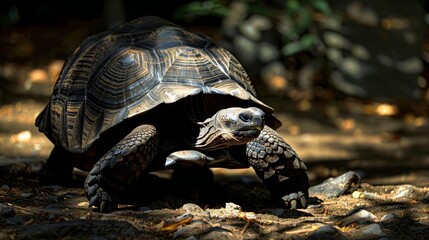 Obraz premium A tortoise with a dark brown shell is walking on a path in the woods. The tortoise is in focus, and the background is blurred.