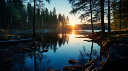 Midnight sun in Swedish forest with lake, blue light. Forest and river on my journey