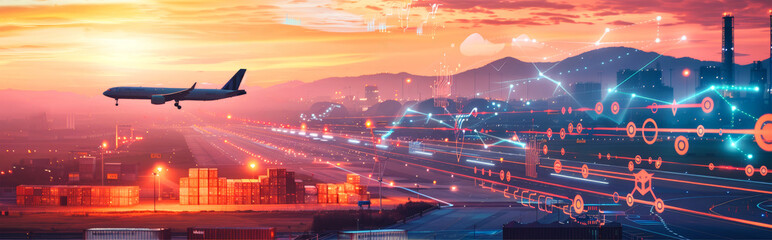 A cargo plane flies over a cityscape at sunset, with a digital network overlay representing data flow and connections