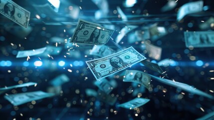 Floating banknotes in a virtual world, sleek metallic hues, front-facing angle, intricate details, high resolution, futuristic atmosphere, soft ambient light