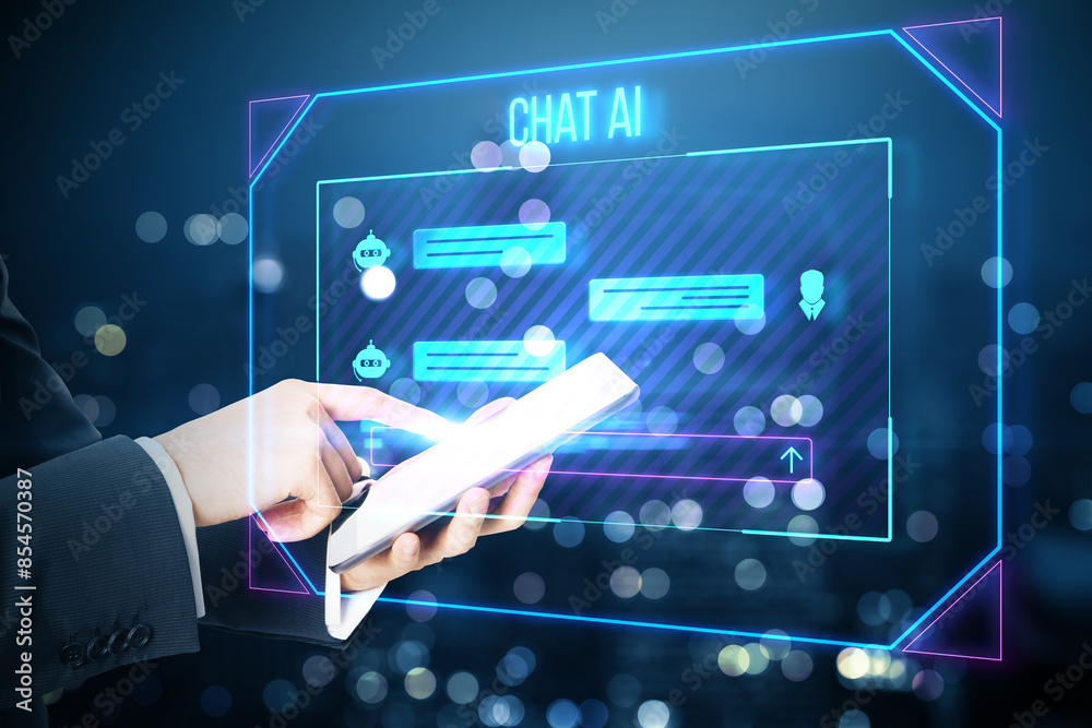 Poster close up of male hand pointing at tablet with creative ai chat hologram on blurry bokeh night city b