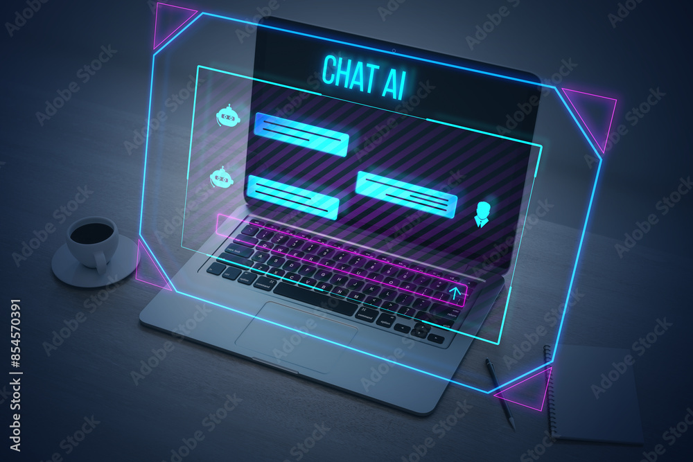 Poster Close up of laptop on desk with coffee cup and creative ai chat hologram on blurry background. Chat GPT and communication bot concept. Double exposure.