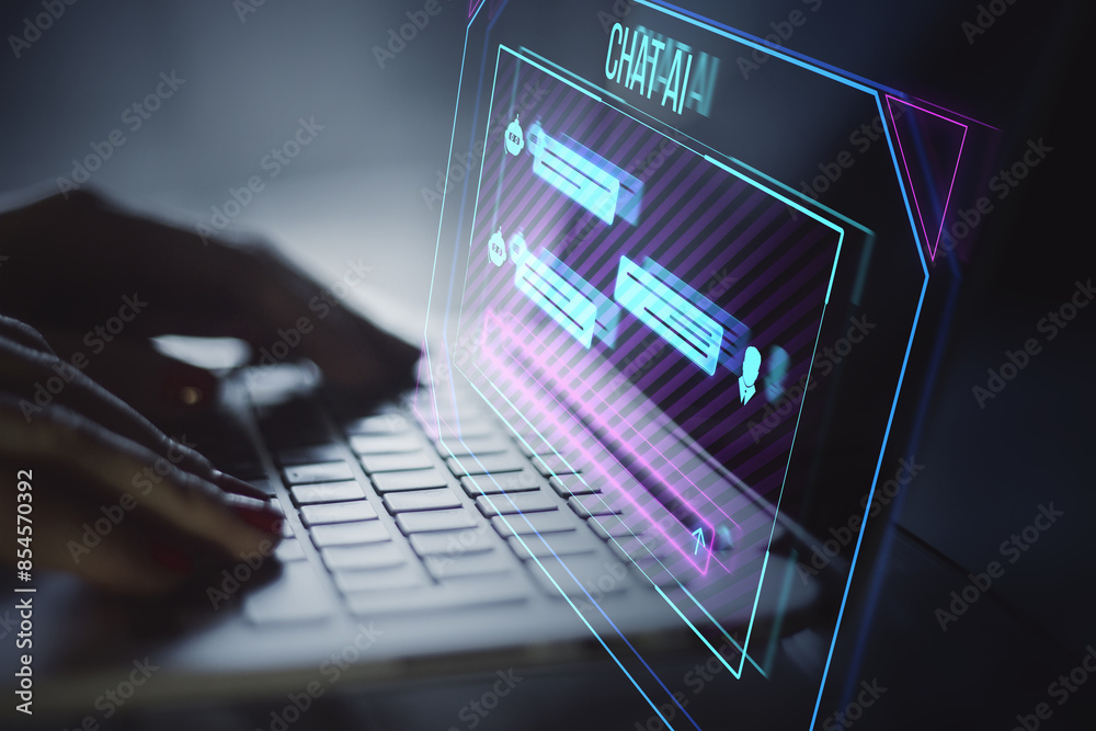 Poster Close up of female hands using laptop on desk with and creative ai chat hologram on blurry background. Chat GPT and communication bot concept. Double exposure.