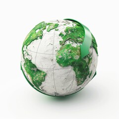Stylized raw globe with green arrows encircling, on white background.