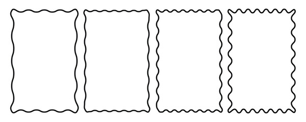 Set of rectangle frames with wavy edges. Rectangular shapes with wiggly borders. Picture or photo frames, empty text boxes, tags, labels with white background