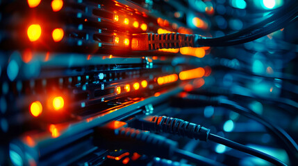 A close-up shot of a server rack, capturing the intricate network of cables and glowing lights that power the digital world