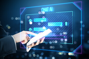 Close up of male hand pointing at tablet with creative ai chat hologram on blurry bokeh night city background. Chat GPT and communication bot concept. Double exposure.