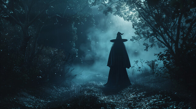 back view of Halloween witch wearing hat standing in dark foggy forest