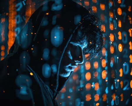 Close-up of a hacker in dark room with digital code projections, creating a double exposure silhouette. Vivid and mysterious.