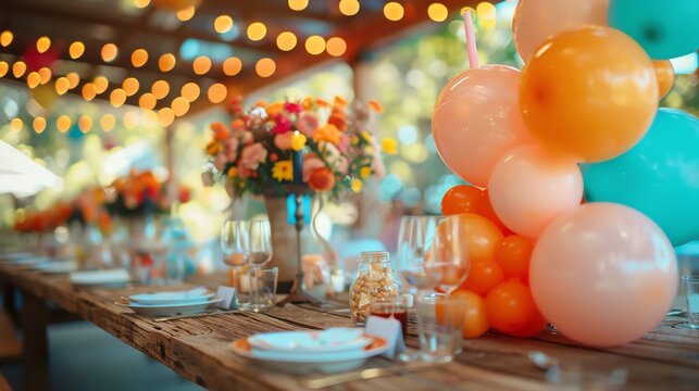 Perfect party setup, beautifully decorated tables, vibrant balloons, joyful guests