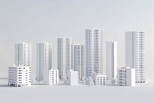 clay 3D render of buildings without textures