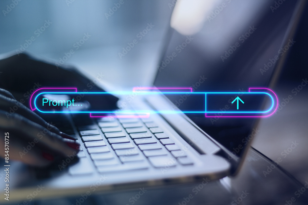 Poster close up of female hands using laptop with glowing search engine bar on blurry background. search en