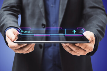 Close up of male hand holding pad with glowing search engine bar on purple background. Search engine optimization concept.