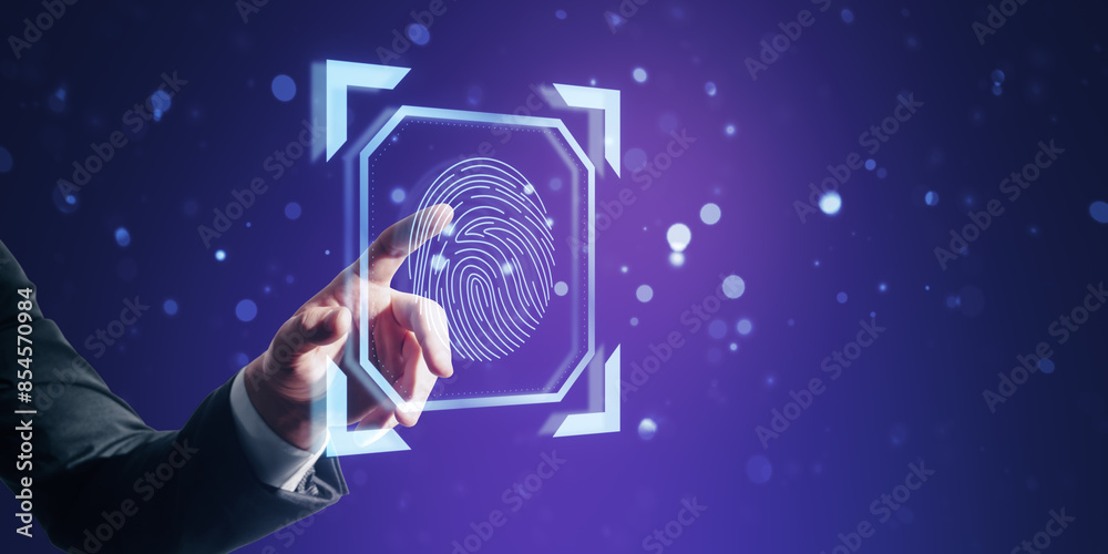 Poster close up of male hand pointing at creative digital security hologram on purple background with mock 