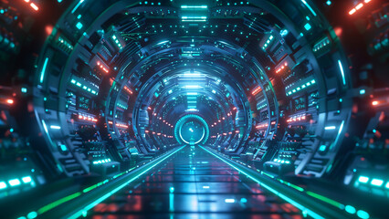 Obraz premium Geometric shapes of neon green and blue form a digital tunnel