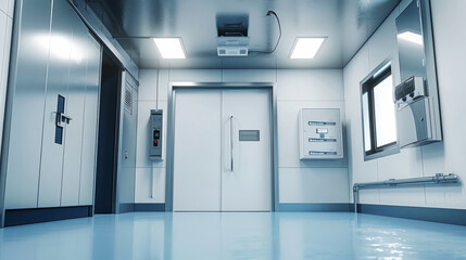 A sterile, industrial refrigerated room for food storage. The floor is pristine, reflecting the bright lights overhead. A double door leads to the freezer, its cold embrace waiting just beyond