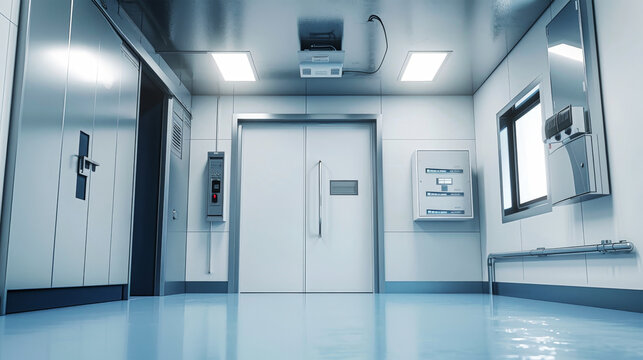 A sterile, industrial refrigerated room for food storage. The floor is pristine, reflecting the bright lights overhead. A double door leads to the freezer, its cold embrace waiting just beyond