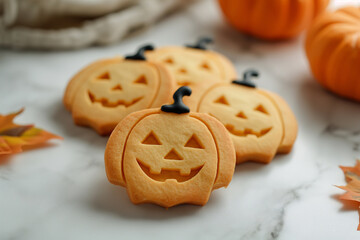Happy Halloween day with funny Cookies, different Pumpkin biscuits on table background. Hello October, fall autumn, Traditional, party and holiday concept