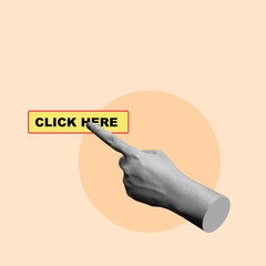Hand pointing on click here button on pastel background