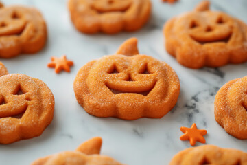 Happy Halloween day with funny Cookies, different Pumpkin biscuits on table background. Hello October, fall autumn, Traditional, party and holiday concept