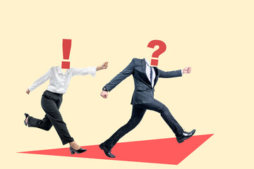 Businessman and businesswoman running with exclamation point and question mark as heads