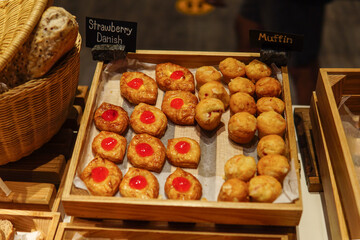 Strawberry Danish and Muffin in wooden box