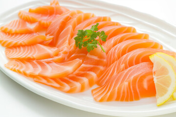 sliced Salmon with parsley leaf And lemon on white background