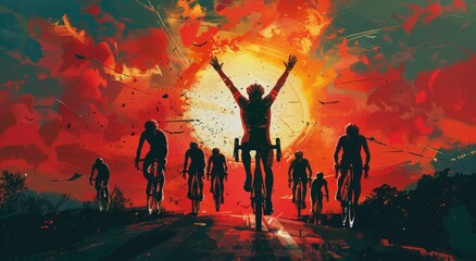 Group of cyclists racing towards the sunset, with the leading cyclist raising arms in victory against an orange sky. style of vector art. in the style of flat design. vector graphics.