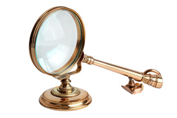 A vintage magnifying glass with a brass handle and stand, isolated on a white background, perfect for antique and historical themes.